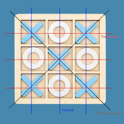 The Toyfetti Wooden Tic Tac Toe for Family Fun & Home Style features blue Xs, white Os, and labeled blue, red, and black lines for vertical, transverse, and oblique directions—a stylish game set for décor or play.