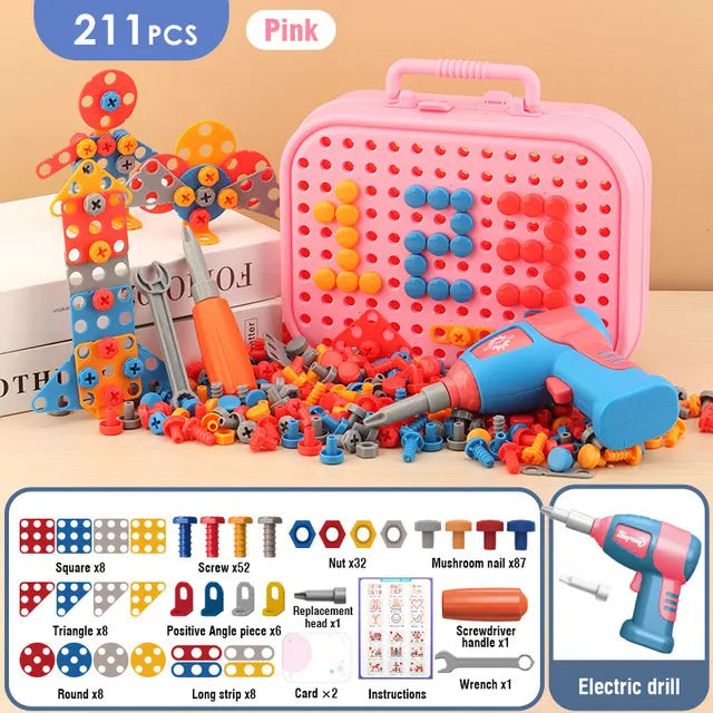 The Toyfetti Build & Screw Toolbox – Kids Drill & Design Set includes 211 colorful pieces, a safe electric drill, screws, shapes, and tools—ideal for boosting creativity and motor skills. Instructions and part images are shown at the bottom.