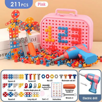 The Toyfetti Build & Screw Toolbox – Kids Drill & Design Set includes 211 colorful pieces, a safe electric drill, screws, shapes, and tools—ideal for boosting creativity and motor skills. Instructions and part images are shown at the bottom.
