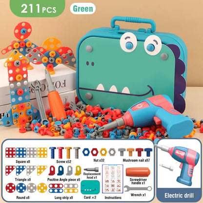 The Toyfetti Build & Screw Toolbox – Kids Drill & Design Set features a green dinosaur case, plastic screws, tools, kid-safe electric drill, construction pieces, and a diagram of all 211 parts—boosting focus, creativity, and motor skills.