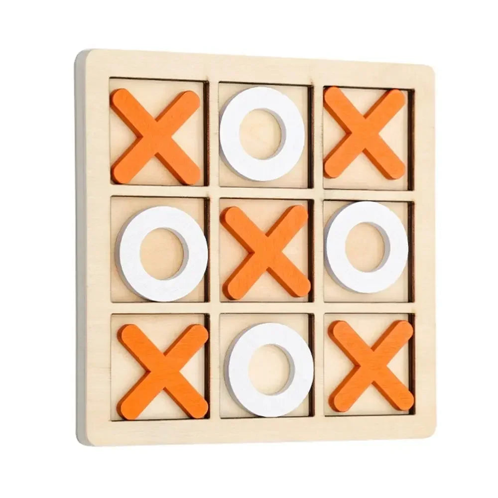 The Toyfetti Wooden Tic Tac Toe for Family Fun & Home Style features orange Xs, white Os, and a winning diagonal of Xs from bottom left to top right—ideal for game nights or stylish home décor.