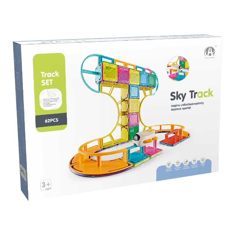 Box for the Toyfetti AirplaneCoaster™ Magnetic STEM Roller Coaster, a 62-piece set for ages 3+, featuring a colorful build-and-learn structure, displayed on a white background.