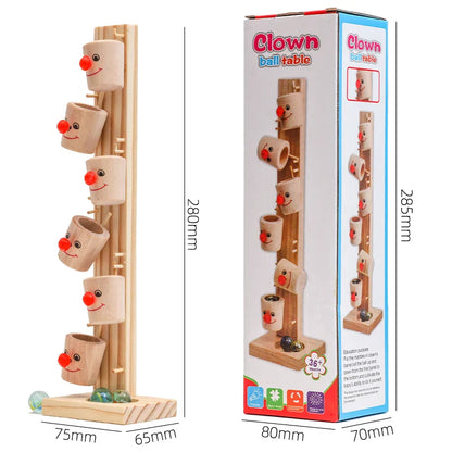 The Toyfetti Clown Track Wooden Play Tower – Creative Building & Rolling Ball Fun features four stacked cup-like faces on a stand, includes marble play to promote fine motor skills and creativity, and comes with dimensions labeled in millimeters.