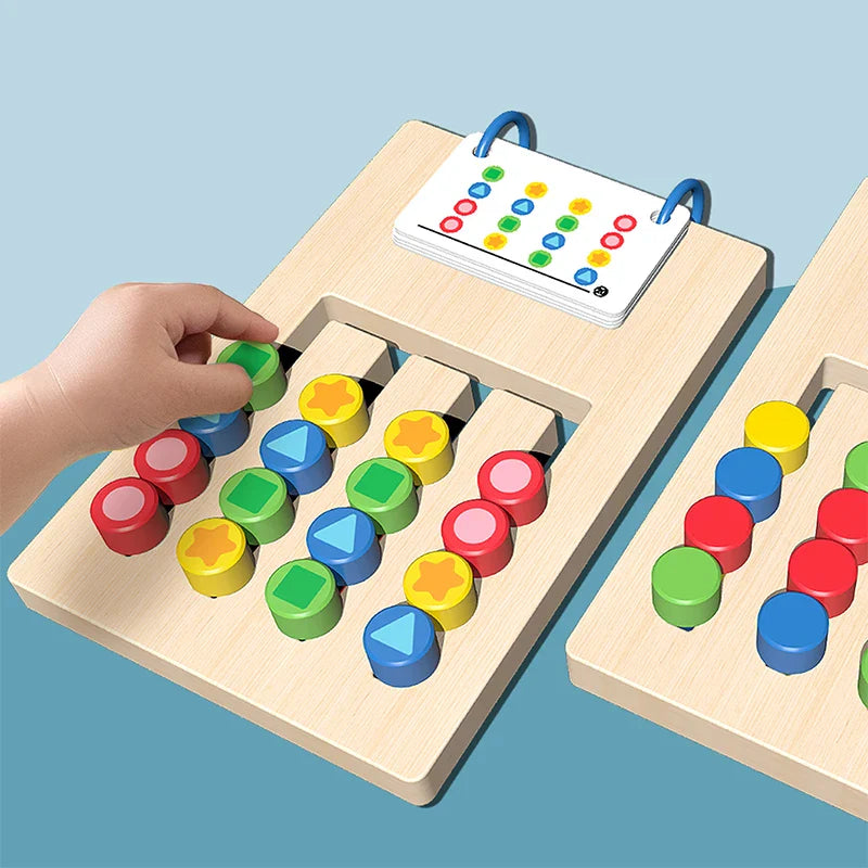 A child matches colorful shapes to the pattern card on the Toyfetti Shape Sense Puzzle – Boost Logical Thinking & Creativity, building fine motor skills and Shape Sense as they arrange red, yellow, blue, and green pieces on the wooden board.