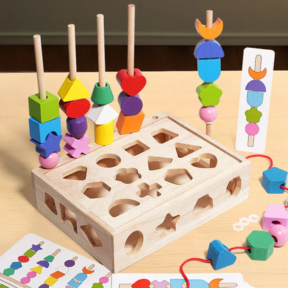 De Toyfetti Woods™ - Stimuleer Creativiteit & Verbeter Vaardigheden - Kleurrijke Montessori Puzzelset is een houten speelgoed shape sorter met kleurige geometrische kralen, vormuitsparingen en patroonkaarten.