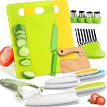 The Toyfetti Junior Chef Kids Cooking Set – Montessori-Inspired Safe Kitchen Tools includes cutting boards, knives, a vegetable peeler, slicers, and cutters—perfect for child-safe kitchen fun and learning through play.