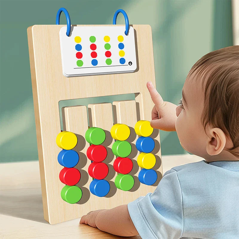 A baby points at the Toyfetti Shape Sense Puzzle – Boost Logical Thinking & Creativity, a wooden toy with colorful round pieces and a pattern card that encourages matching, fine motor skills, and color recognition.