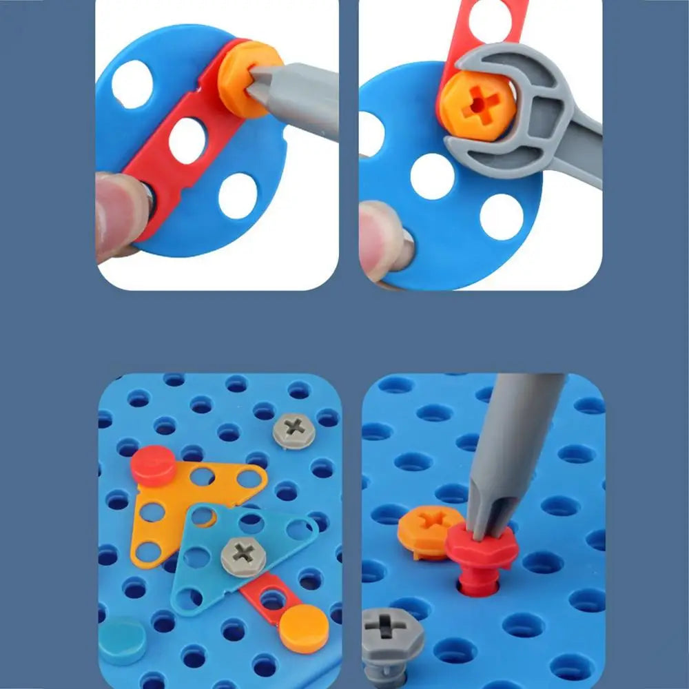 Four close-up images show hands assembling colorful Toyfetti Build & Screw Toolbox – Kids Drill & Design Set pieces on blue boards, using a kid-safe drill and tools to securely connect shapes and boost focus, creativity, and motor skills.