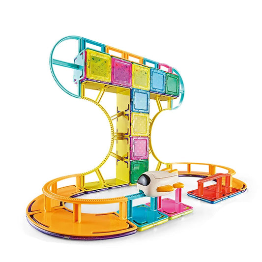 The Toyfetti AirplaneCoaster™ Magnetic STEM Roller Coaster is a vibrant building set with colorful translucent tiles and a small white car, offering creative, endless fun while kids build, learn, and explore.