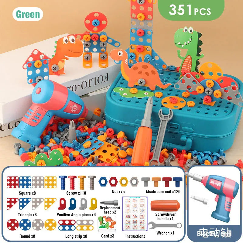 The Toyfetti Build & Screw Toolbox – Kids Drill & Design Set includes 351 pieces: plastic screws, nuts, bolts, animal figures, a blue storage box, kid-safe drill and screwdriver, plus a guide to boost focus, creativity & motor skills.