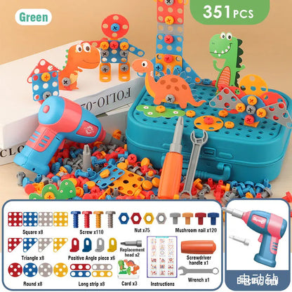 The Toyfetti Build & Screw Toolbox – Kids Drill & Design Set includes 351 pieces: plastic screws, nuts, bolts, animal figures, a blue storage box, kid-safe drill and screwdriver, plus a guide to boost focus, creativity & motor skills.