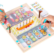 Two players use blue magnetic wands to pick up colorful tokens and match them to cards in Toyfetti’s Magnetic Maze – Strategy and Coordination Game for Kids, building fine motor skills through interactive, hands-on fun.