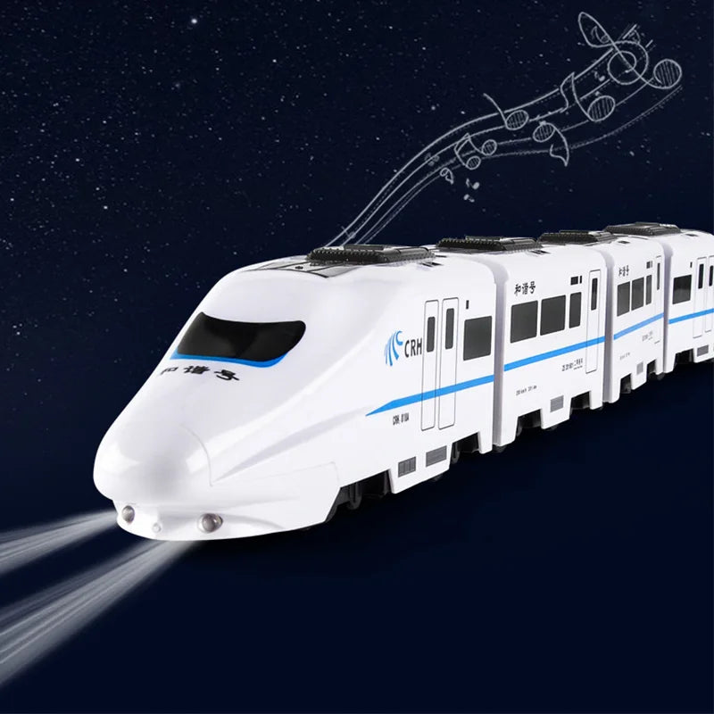 The Toyfetti Glowexpress | Eindeloos Speelplezier - Zelfrijdende Speelgoedtrein glows with headlights against a starry night, with a playful airplane sketch above—ideal for het stimuleren van motorische vaardigheden.