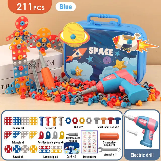 Toyfetti’s Build & Screw Toolbox – Kids Drill & Design Set includes 211 pieces and a kid-safe electric drill. Featuring space graphics, colorful geometric parts, and a case with planets and a rocket to inspire creativity.