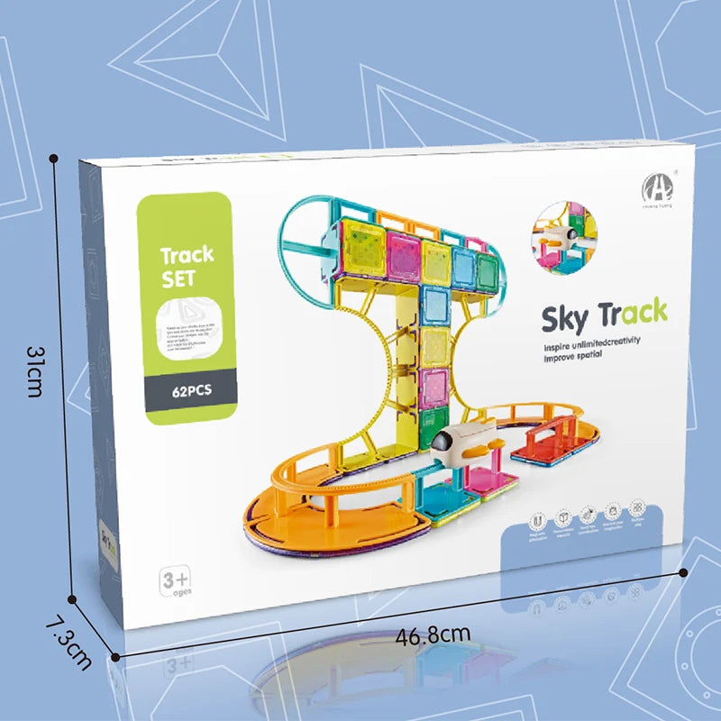 The Toyfetti AirplaneCoaster™ Magnetic STEM Roller Coaster features 62 colorful track pieces in a white box with blue edges (46.8 x 31 x 7.3 cm). Build looping structures for fun learning. Perfect STEM toy for ages 3+.