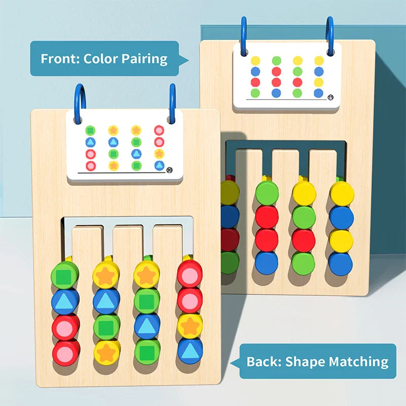 The Toyfetti Shape Sense Puzzle includes two wooden boards—one for color pairing (red, yellow, green, blue circles) and one for matching shapes (circles, stars, hexagons, squares)—to boost logic and creativity with example cards attached at the top.