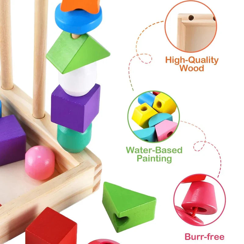 The Toyfetti Woods™ - Stimuleer Creativiteit & Verbeter Vaardigheden - Kleurrijke Montessori Puzzelset is a colorful wooden stacking toy with cubes, spheres, and pyramids. Made from high-quality wood with water-based paint and burr-free edges—ideal for creative play.