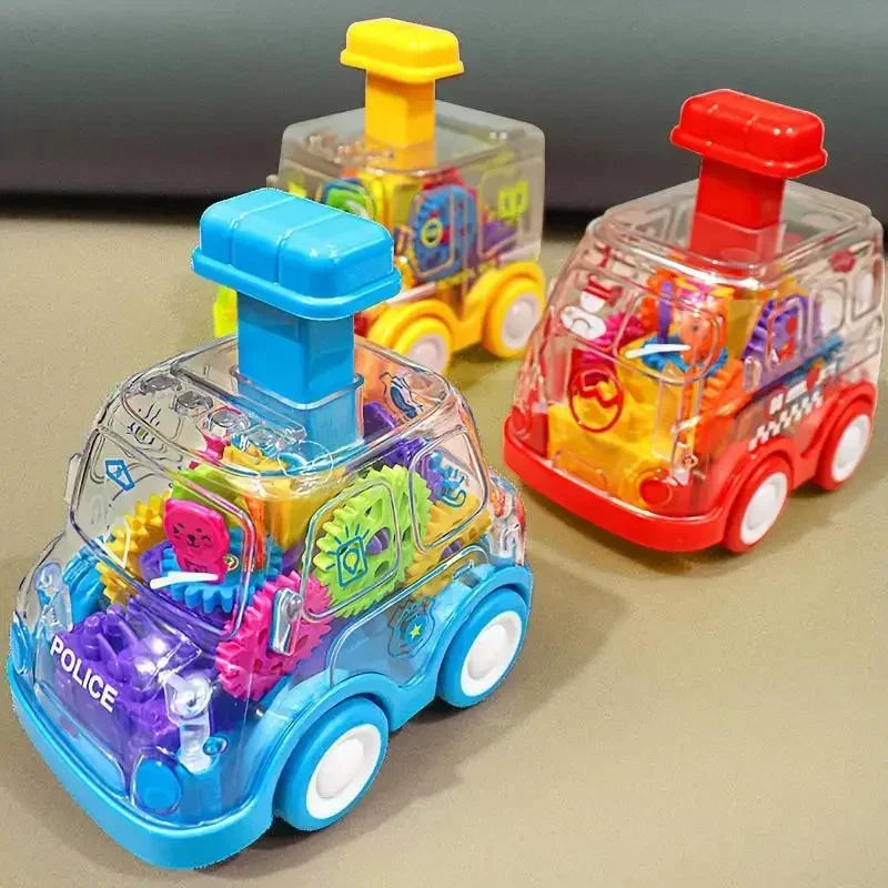 Toyfetti’s Gear Car – Push-and-Go Friction Vehicle for Kids features blue, yellow, and red cars with clear tops showing moving gears. One car is marked POLICE. See the reviews for ratings and user feedback before purchasing!.