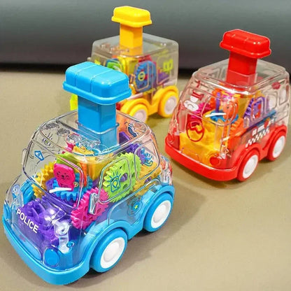 Toyfetti’s Gear Car – Push-and-Go Friction Vehicle for Kids features blue, yellow, and red cars with clear tops showing moving gears. One car is marked POLICE. See the reviews for ratings and user feedback before purchasing!.