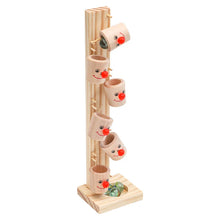 The Toyfetti Clown Track Wooden Play Tower features five smiling, red-nosed cups and encourages fine motor skills as kids guide marbles down the vertical stand for creative building and rolling ball fun.