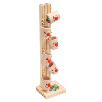 The Toyfetti Clown Track Wooden Play Tower features five smiling, red-nosed cups and encourages fine motor skills as kids guide marbles down the vertical stand for creative building and rolling ball fun.