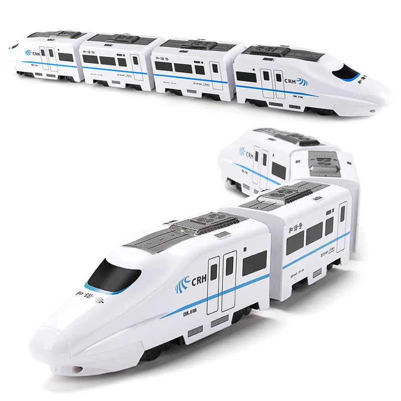 The Toyfetti GlowExpress is a white, light-up toy train with blue accents and CRH logos, shown from two angles. Its sleek, multi-car design mimics a self-driving train and features obstacle-avoiding action for magical play and skill building.