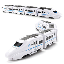 The Toyfetti GlowExpress is a white, light-up toy train with blue accents and CRH logos, shown from two angles. Its sleek, multi-car design mimics a self-driving train and features obstacle-avoiding action for magical play and skill building.