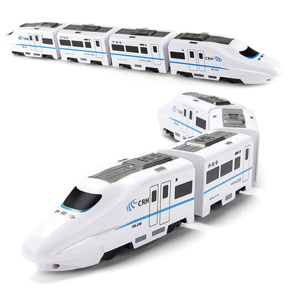 The Toyfetti GlowExpress is a white, light-up toy train with blue accents and CRH logos, shown from two angles. Its sleek, multi-car design mimics a self-driving train and features obstacle-avoiding action for magical play and skill building.