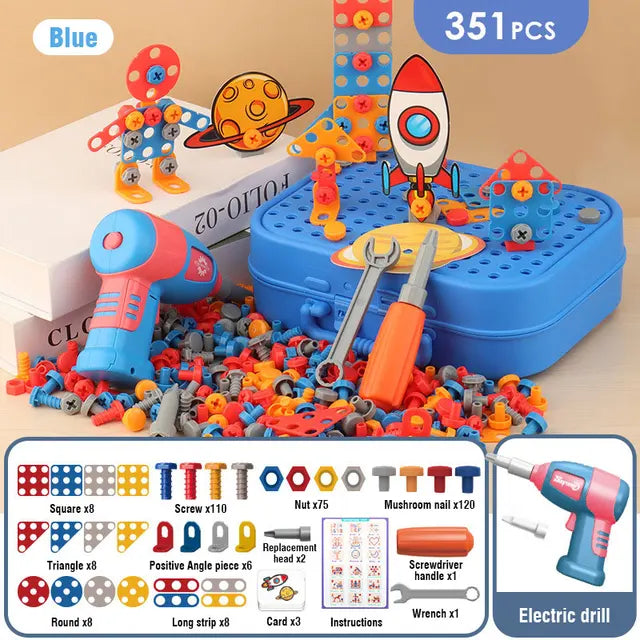 The Toyfetti Build & Screw Toolbox – Kids Drill & Design Set includes 351 pieces with a kid-safe electric drill, screws, nuts, tools, and colorful shapes. Kids can build rockets, robots, or UFOs using the included guide to boost focus and creativity.