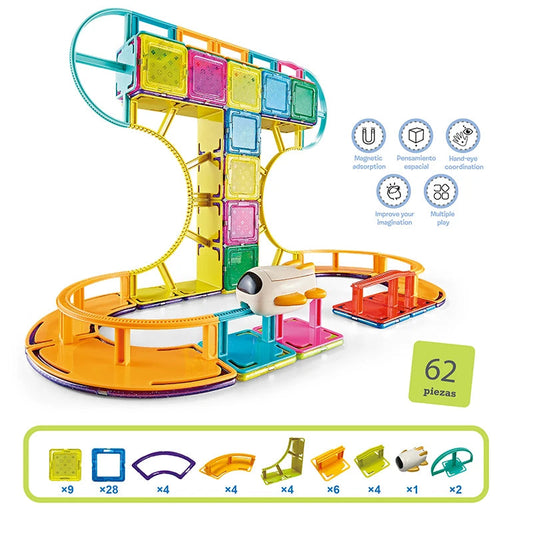 The Toyfetti AirplaneCoaster™ Magnetic STEM Roller Coaster features 62 colorful pieces—geometric tiles, tracks, and a cart—to build a looped track. STEM icons and piece count are highlighted for hands-on learning and creative play.