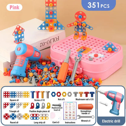 The Toyfetti Build & Screw Toolbox – Kids Drill & Design Set includes 351 pieces like a kid-safe electric drill, screws, nuts, wrenches, and colorful plates displayed on a pink case. Boosts focus, creativity & motor skills as kids assemble fun figures and numbers.