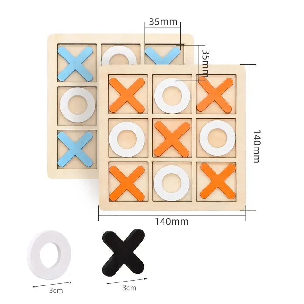 Toyfetti’s Wooden Tic Tac Toe for Family Fun & Home Style includes two 140mm boards with nine 35mm squares. One board has blue Xs, the other orange. Shown: a white O and black X, each 3cm wide—great for games or décor!.
