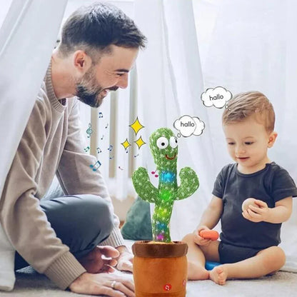 A man and a toddler sit on the floor smiling at the Toyfetti CactusBuddy – a dancing, talking plush toy in a pot. Cartoon speech bubbles say “hallo” as colorful sparkles and music notes swirl around it, keeping kids smiling and engaged.