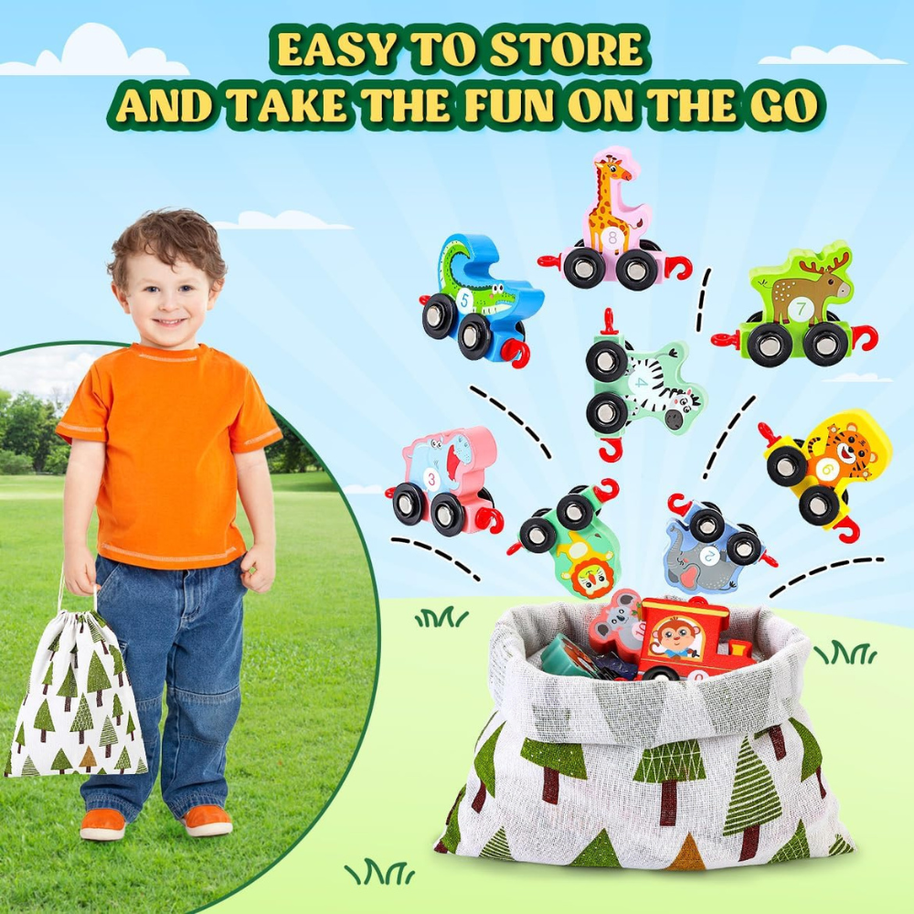 Montessori Wooden Animal Train – Magnetic Numbered Cars for Early Learning Fun!