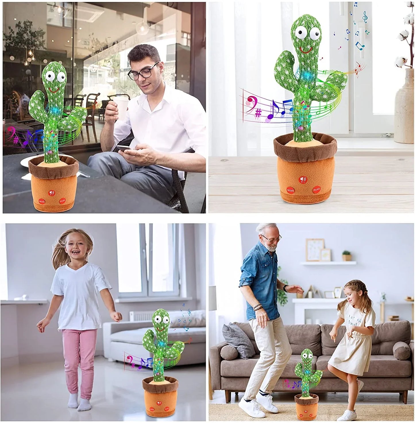 Four images show people enjoying the Toyfetti CactusBuddy – a dancing, talking plush toy in a brown pot. An adult and child dance excitedly near it as illustrated musical notes swirl around, highlighting its fun and engaging features.