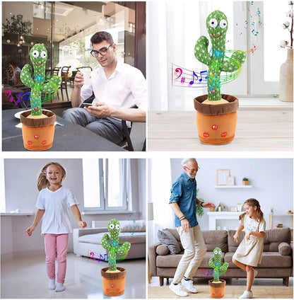 Four images show people enjoying the Toyfetti CactusBuddy – a dancing, talking plush toy in a brown pot. An adult and child dance excitedly near it as illustrated musical notes swirl around, highlighting its fun and engaging features.