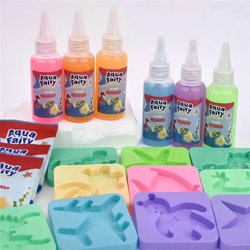 The Toyfetti Magic Water Wonder Kit lets you create colorful 3D animals with six Aqua Fairy liquids, three red sachets, and pastel silicone molds—ideal for hands-on crafting and sensory play.