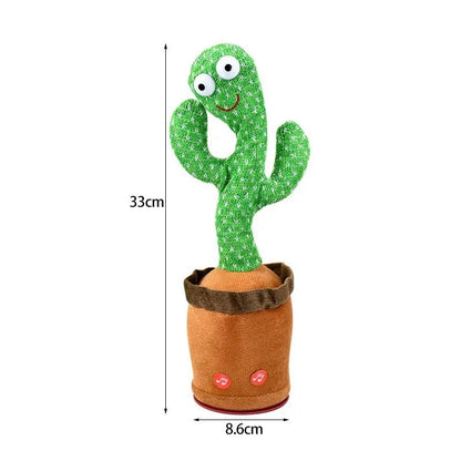 Meet your new CactusBuddy from Toyfetti—a green, smiling dancing plush cactus with googly eyes in a brown pot (33cm tall x 8.6cm wide), featuring two red music note buttons to keep kids smiling and engaged!.