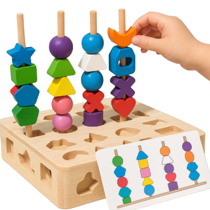 A child’s hand places a moon-shaped bead on the Toyfetti Colorful Wooden Montessori Puzzle Set for Early Skill Building, using a matching card to practice color recognition and stack the durable wooden shapes.