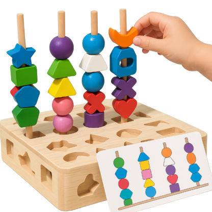 A child’s hand places a moon-shaped bead on the Toyfetti Colorful Wooden Montessori Puzzle Set for Early Skill Building, using a matching card to practice color recognition and stack the durable wooden shapes.