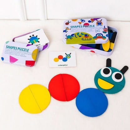 The Toyfetti Montessori Pattern Puzzle – Wooden Shape Matching Set includes 60 challenge cards and colorful pieces in a tin box, offering a fun, screen-free way for kids to match shapes and recreate patterns.