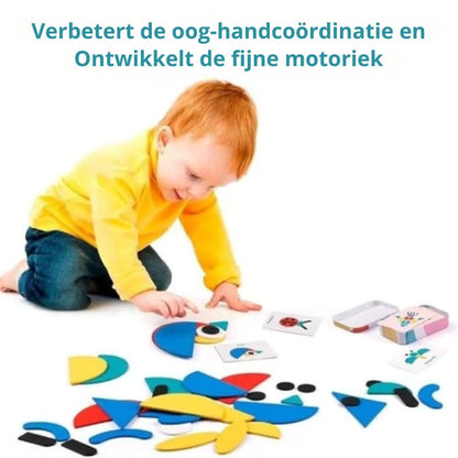 A young child plays on the floor with the Toyfetti Montessori Pattern Puzzle – a wooden shape matching set featuring 60 challenge cards. Dutch text above reads: Verbeter het de oog-handcoördinatie en Ontwikkelt de fijne motoriek.