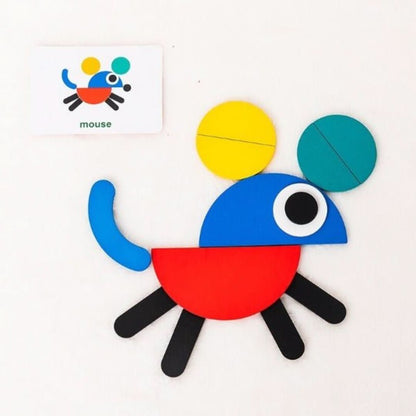 A colorful geometric mouse from the Toyfetti Montessori Pattern Puzzle – Wooden Shape Matching Set with 60 Challenge Cards sits beside a matching card, offering kids an engaging, screen-free activity.