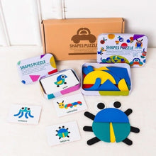 The Toyfetti Montessori Pattern Puzzle – Wooden Shape Matching Set with 60 Challenge Cards features colorful geometric pieces and tins, shown making animal shapes like a ladybug, caterpillar, octopus, and yellow dolphin. Brown box visible in the background.