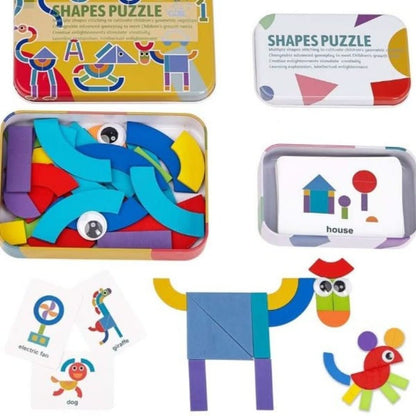 The Toyfetti Montessori Pattern Puzzle – Wooden Shape Matching Set features magnetic geometric pieces, 60 illustrated challenge cards, and two metal tins for storage—a fun, screen-free way to inspire creative learning.