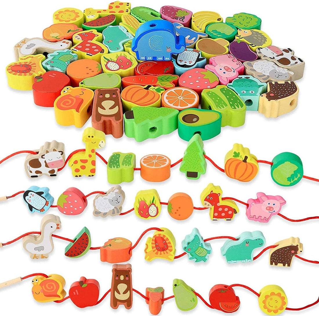 Montessori Wooden Lacing Set – Animals, Fruits & Veggies That Teach Through Play