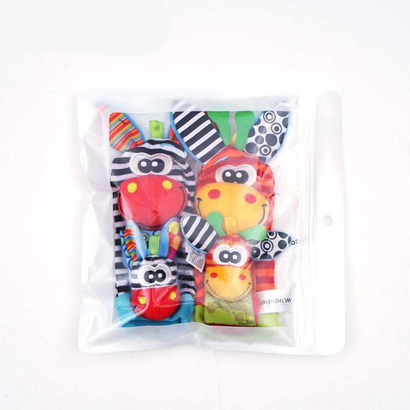 The Toyfetti Plush Animal Baby Socks & Wrist Rattle Set features four colorful animal designs with striped ears and smiling faces, packaged in a clear zip-lock bag—perfect sensory play for little explorers.