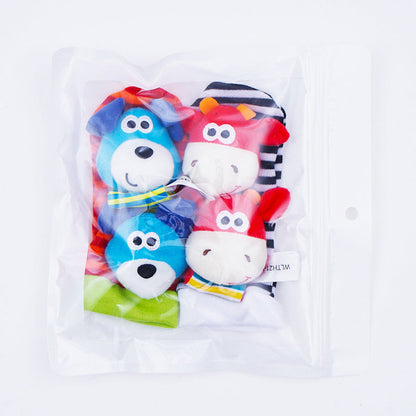 The Toyfetti Plush Animal Baby Socks & Wrist Rattle Set features colorful sensory socks with cute animal faces, neatly packed in a clear resealable bag—perfect for little explorers’ play and discovery.