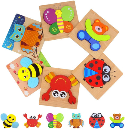 Montessori Animal Puzzles – 6-Piece Wooden Toddler Set for Ages