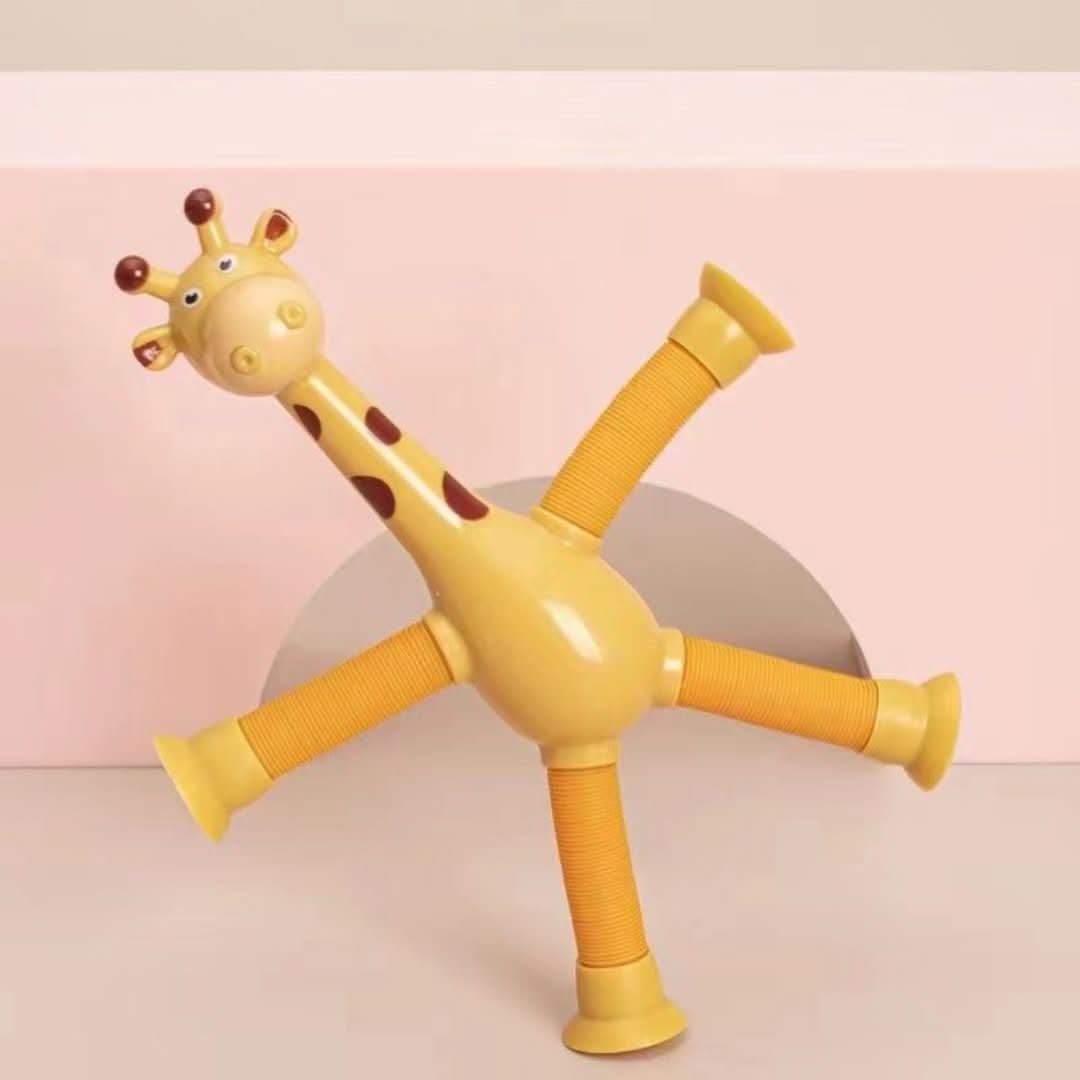 The Toyfetti Stretchy Giraffe Trio is a bendable sensory toy with suction cups, featuring a yellow giraffe design and flexible legs—ideal for toddler party favors.